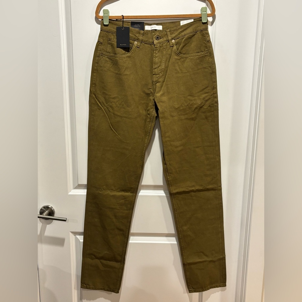 NWT Billy Reid Cotton Linen Pants 32 x36 Olive Green Men's Slim 5 Pocket Chinos